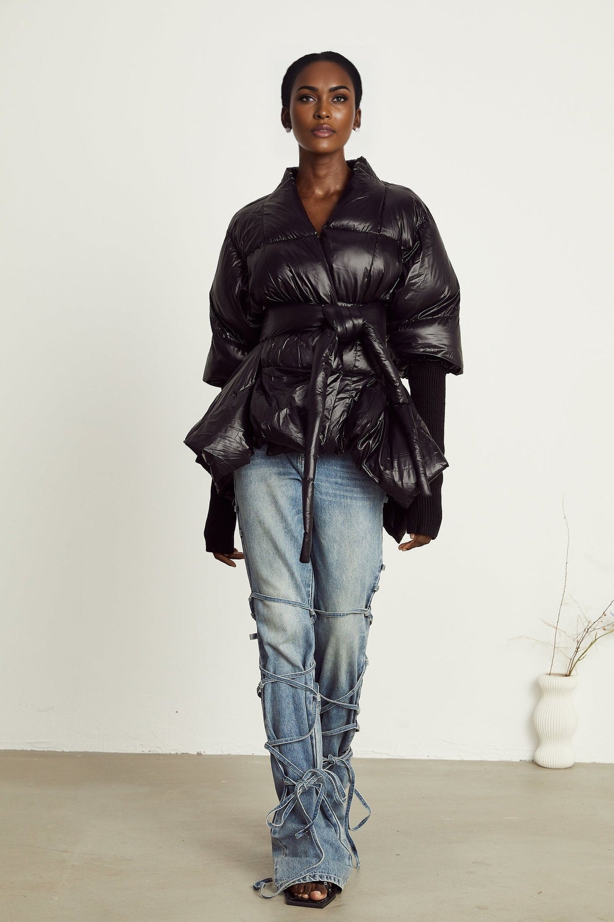 Everleigh Jacket - Padded Design - Knitted Panels - Belted Waist - Asymmetric Hem