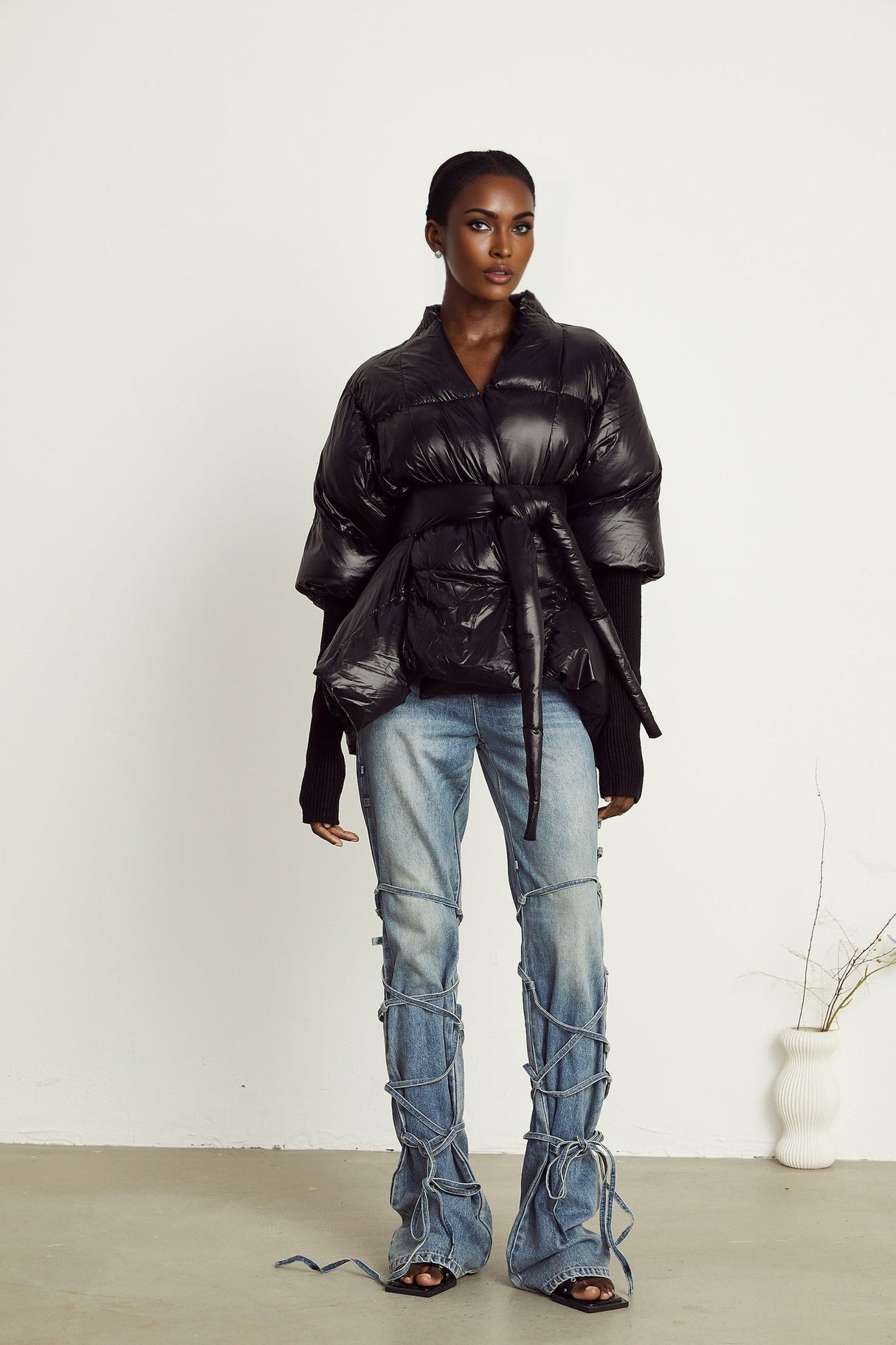 Everleigh Jacket - Padded Design - Knitted Panels - Belted Waist - Asymmetric Hem