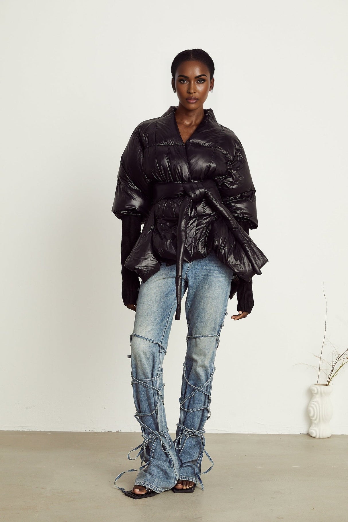 Everleigh Jacket - Padded Design - Knitted Panels - Belted Waist - Asymmetric Hem