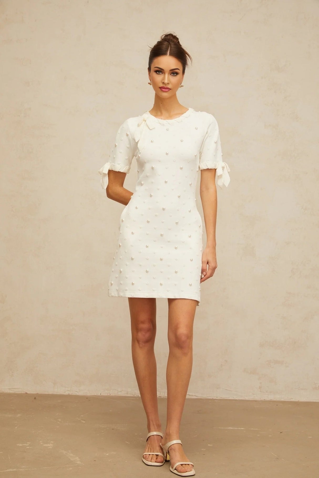 Everleigh Mini Dress White Polka - Dot Heart Cut - Out & Pearl Embellishments