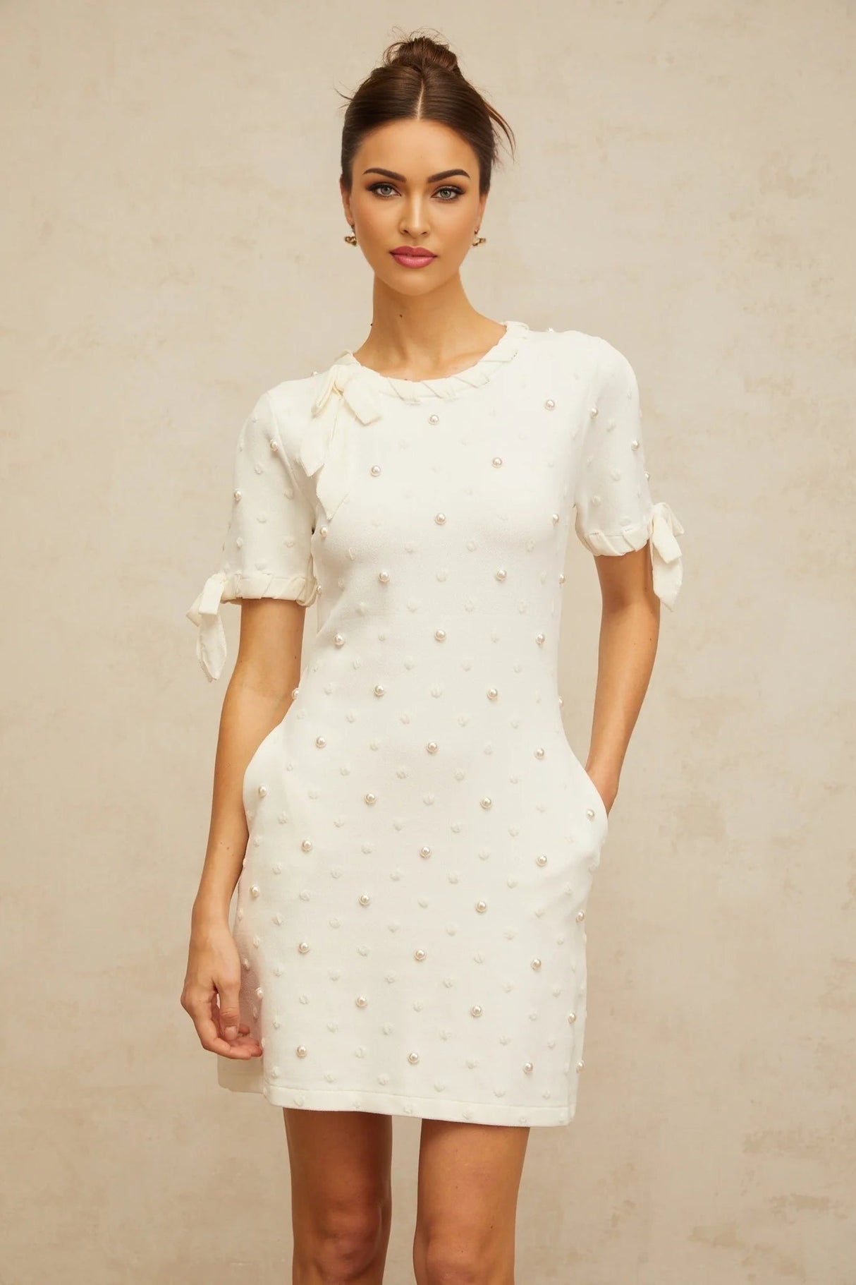 Everleigh Mini Dress White Polka - Dot Heart Cut - Out & Pearl Embellishments