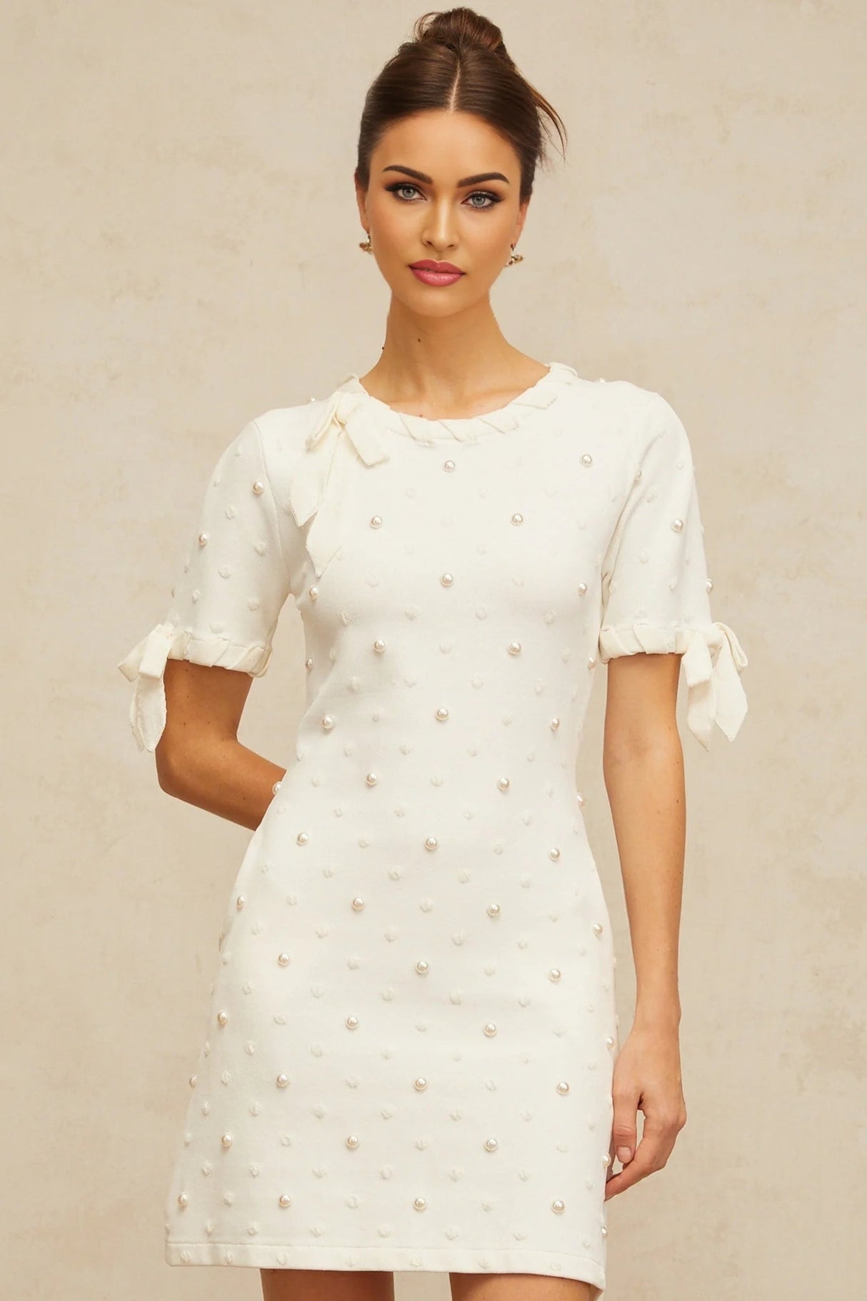 Everleigh Mini Dress White Polka - Dot Heart Cut - Out & Pearl Embellishments