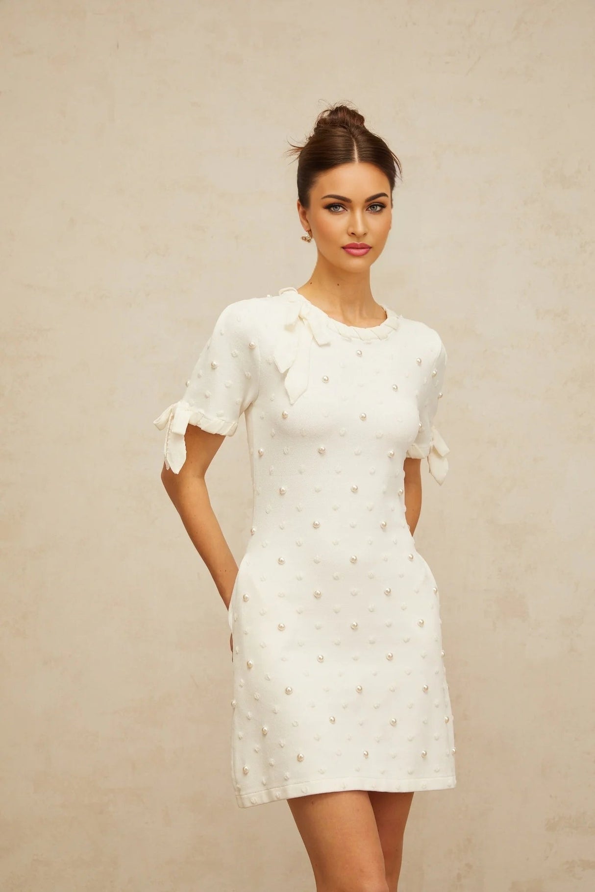 Everleigh Mini Dress White Polka - Dot Heart Cut - Out & Pearl Embellishments