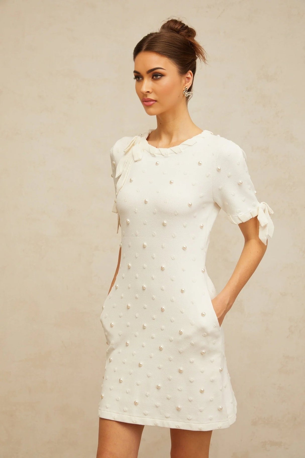 Everleigh Mini Dress White Polka - Dot Heart Cut - Out & Pearl Embellishments