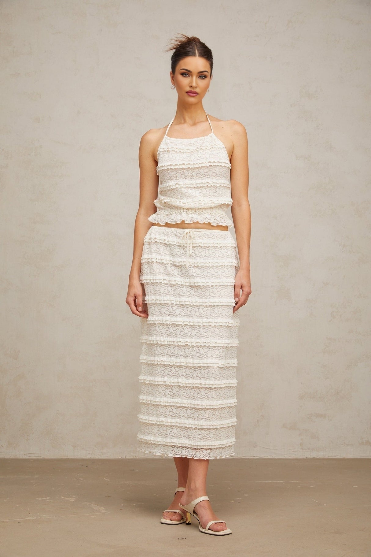 Everleigh Top & Skirt Set - Elegant Halterneck - Floral Lace Details - Tiered Design - Ruffled Accents - Cropped Top