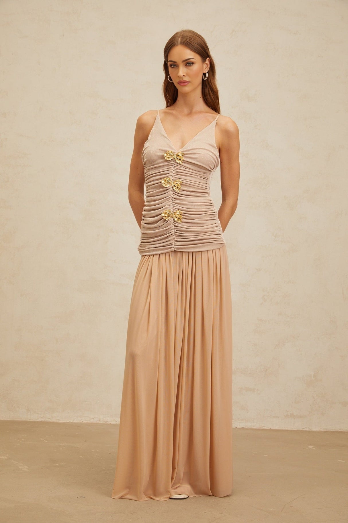 Everleigh Top & Skirt - V - Neck - Adjustable Straps - Brooch Detailing - Pleated Skirt - Maxi Length