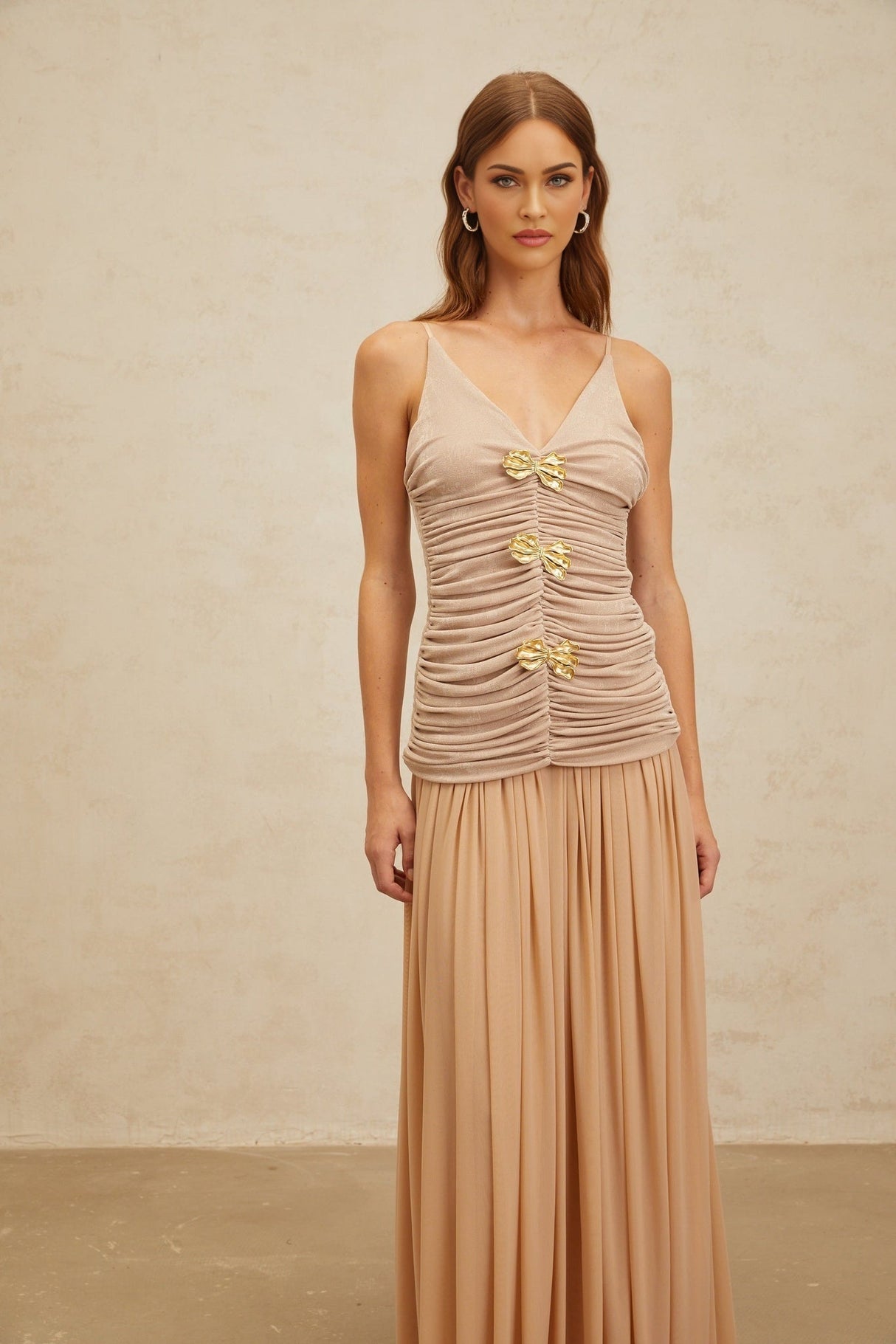 Everleigh Top & Skirt - V - Neck - Adjustable Straps - Brooch Detailing - Pleated Skirt - Maxi Length