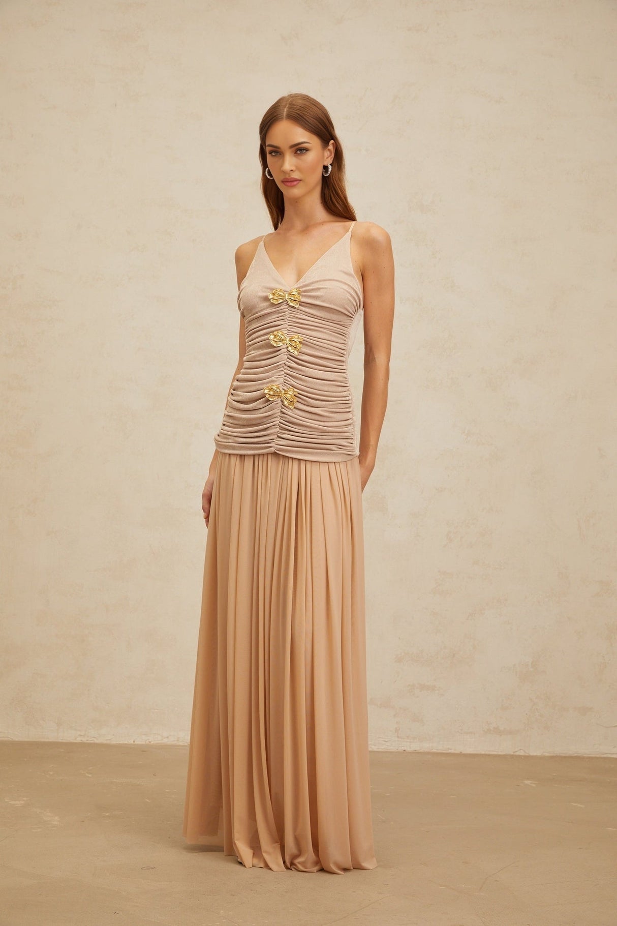 Everleigh Top & Skirt - V - Neck - Adjustable Straps - Brooch Detailing - Pleated Skirt - Maxi Length