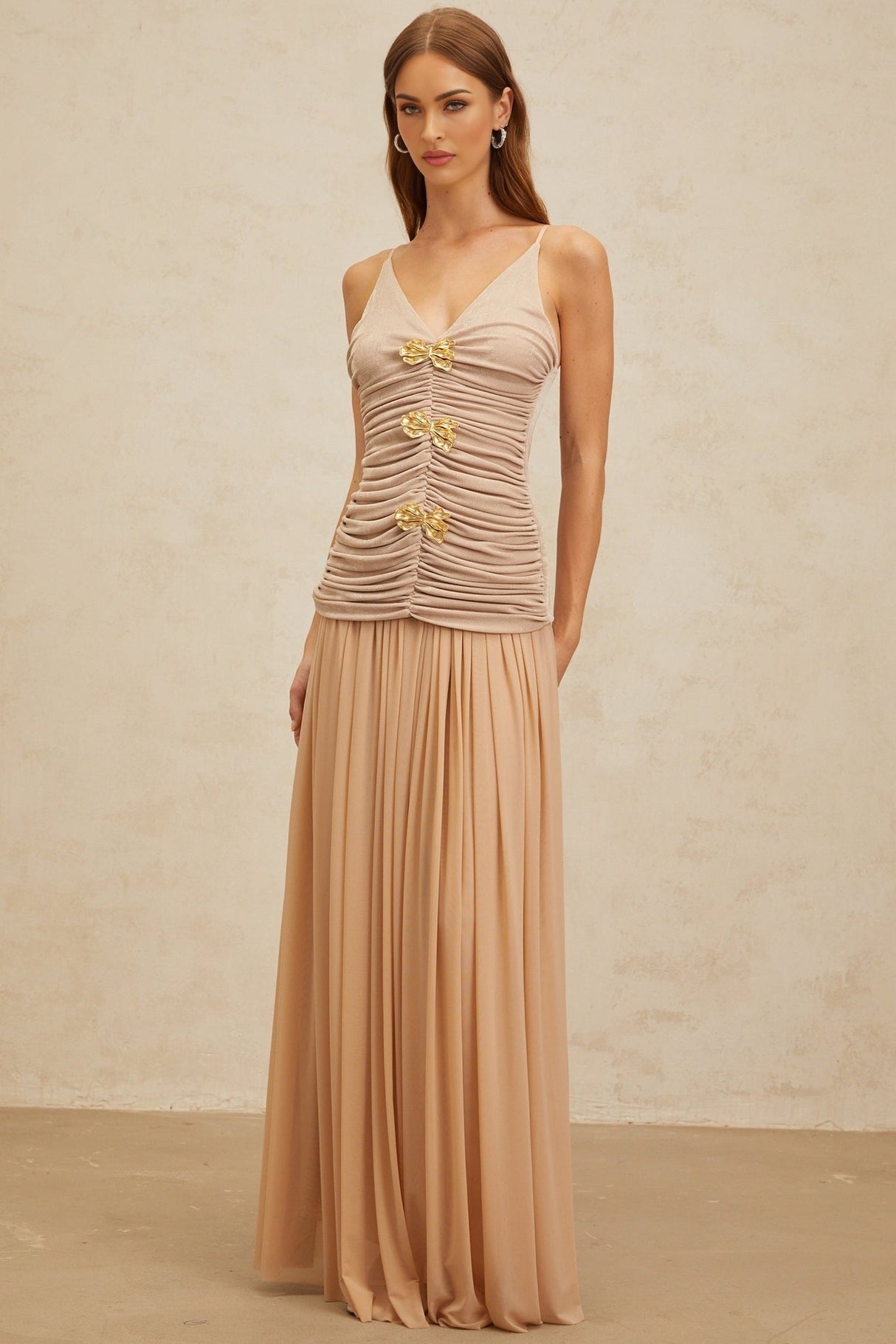 Everleigh Top & Skirt - V - Neck - Adjustable Straps - Brooch Detailing - Pleated Skirt - Maxi Length