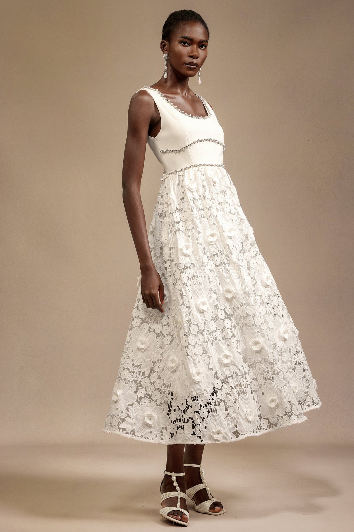 Everleigh White Lace Midi Dress with Embellished Neckline for Elegant Occasions