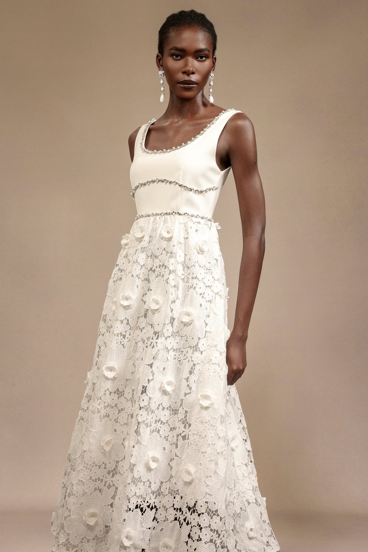 Everleigh White Lace Midi Dress with Elegant Embellishments