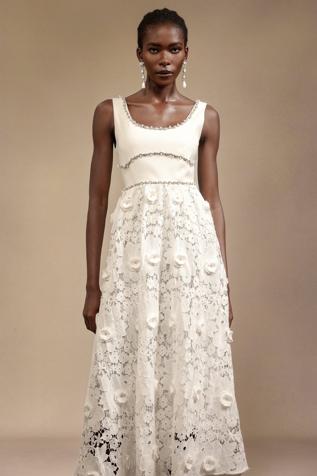 Everleigh White Lace Midi Dress with Embellished Neckline for Garden Party or Evening Event