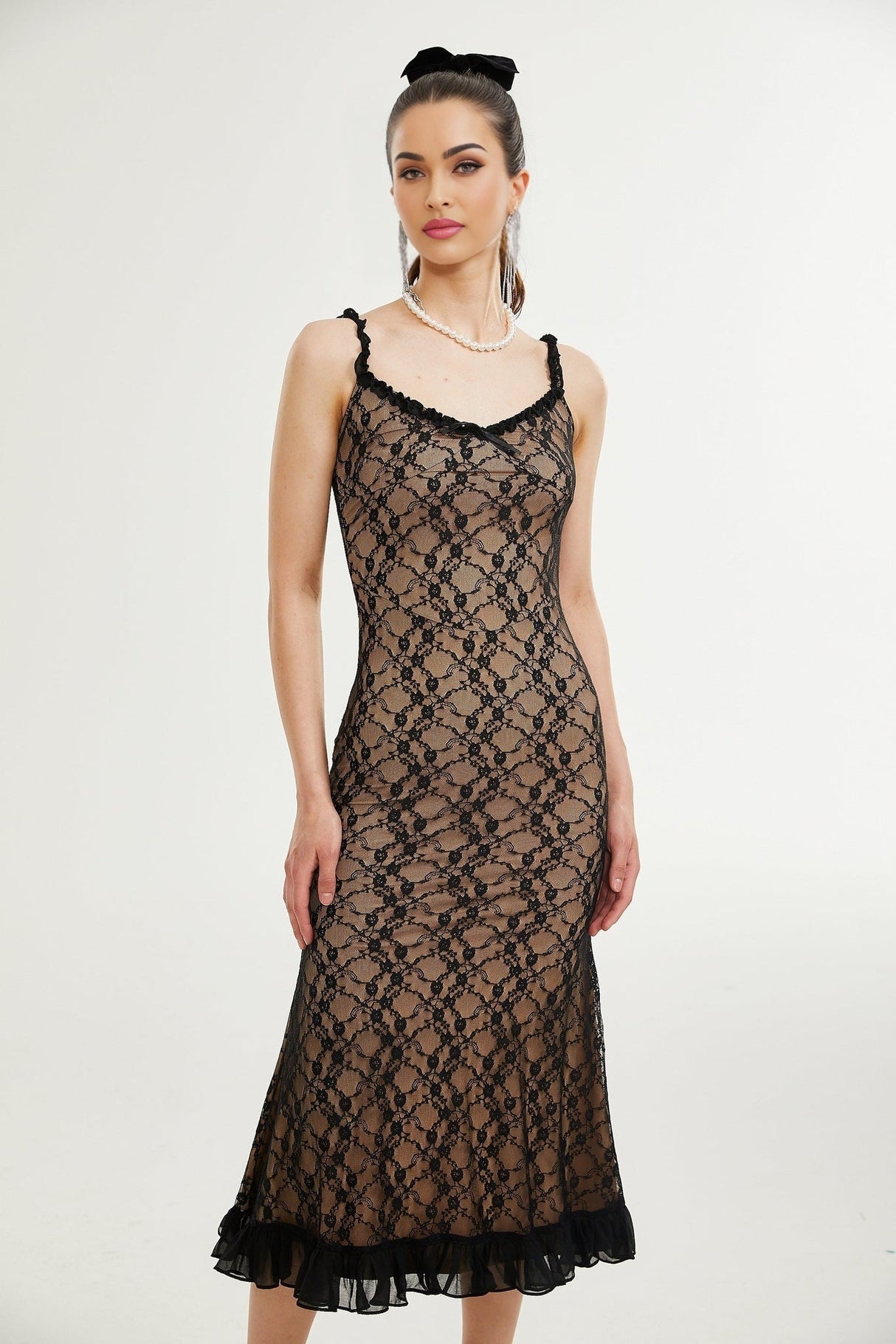 Fabiana Floral Midi Dress - V Neck Low Cut - Spaghetti Straps - Lace Detailing - Bow Accent