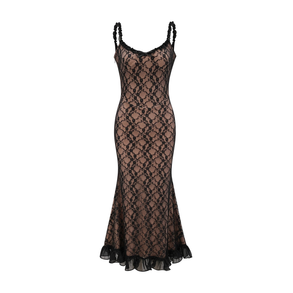 Fabiana Floral Midi Dress - V Neck Low Cut - Spaghetti Straps - Lace Detailing - Bow Accent