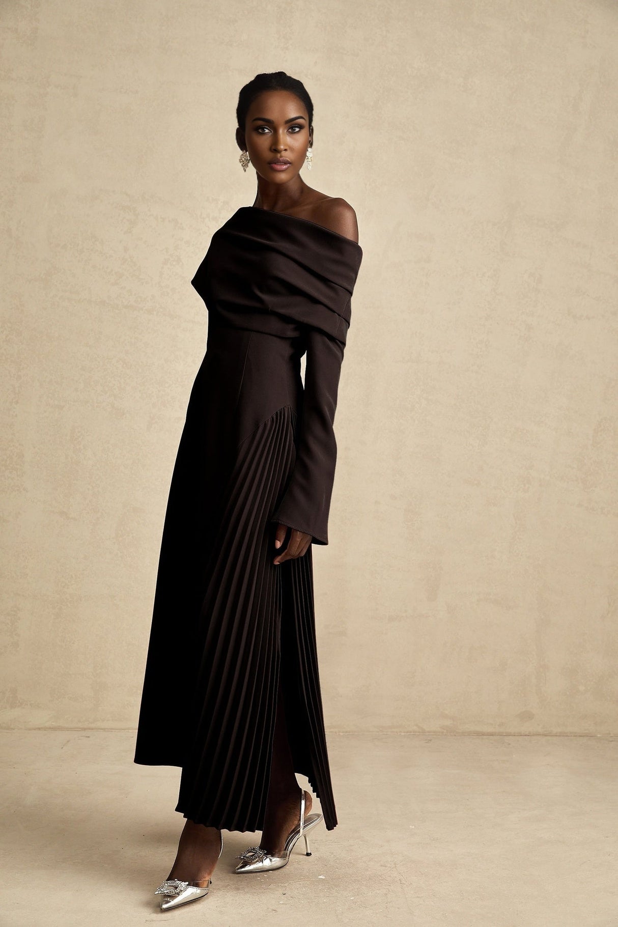Fabiana Maxi Dress - Long Flared Sleeves - Asymmetric Neck - Pleated Detailing - Side Zip Fastening - Elegant Fit