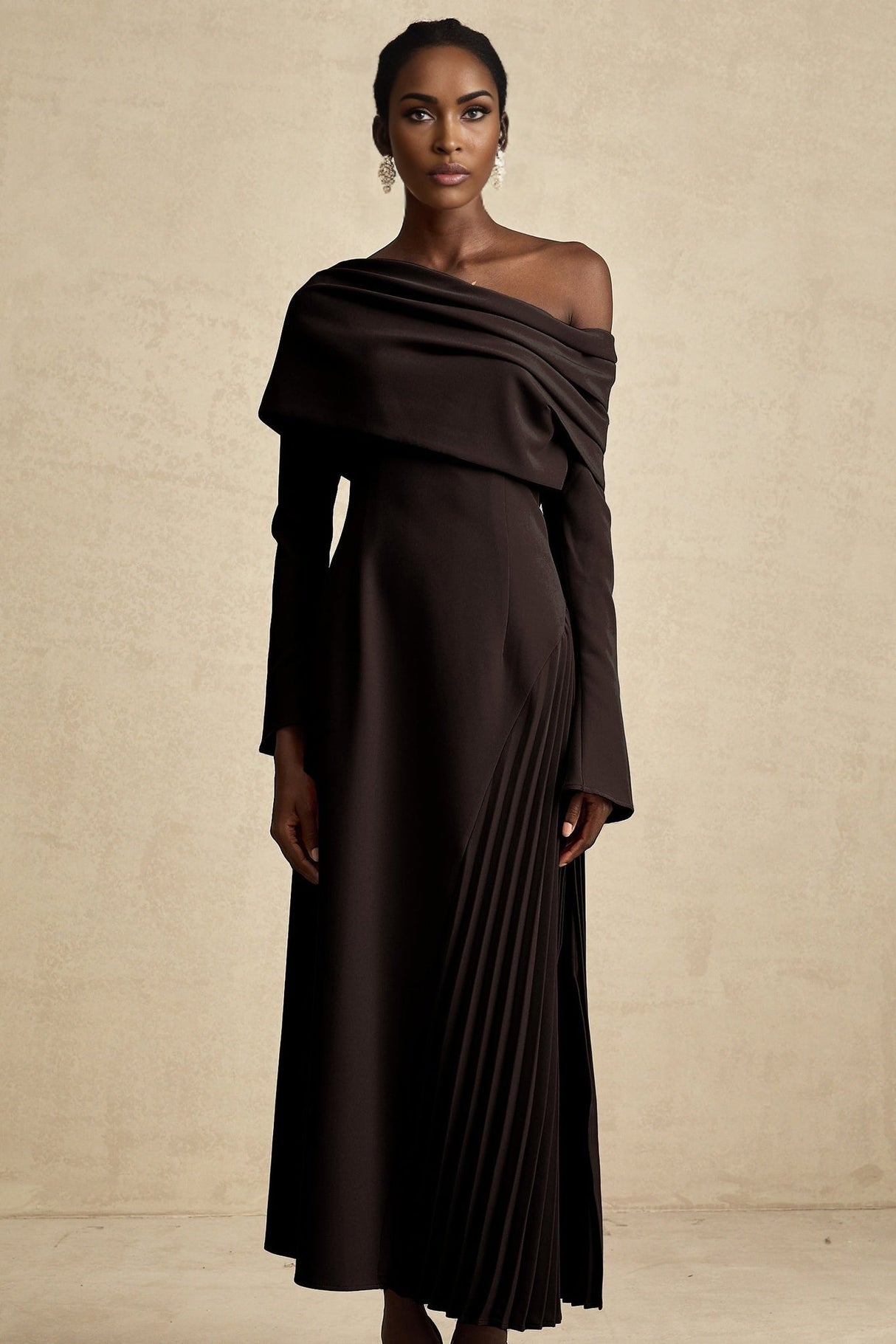 Fabiana Maxi Dress - Long Flared Sleeves - Asymmetric Neck - Pleated Detailing - Side Zip Fastening - Elegant Fit