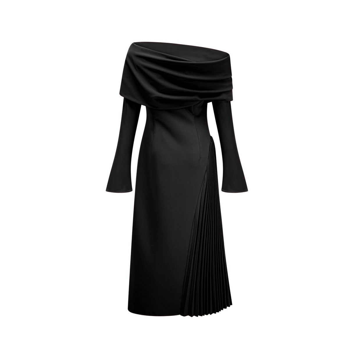 Fabiana Maxi Dress - Long Flared Sleeves - Asymmetric Neck - Pleated Detailing - Side Zip Fastening - Elegant Fit