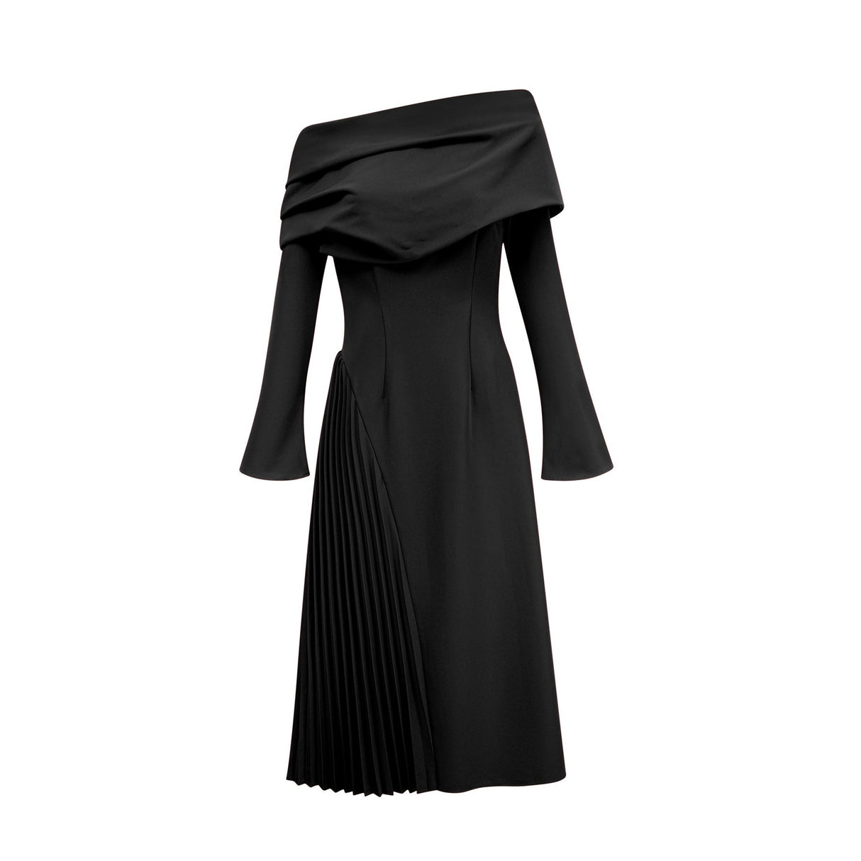 Fabiana Maxi Dress - Long Flared Sleeves - Asymmetric Neck - Pleated Detailing - Side Zip Fastening - Elegant Fit