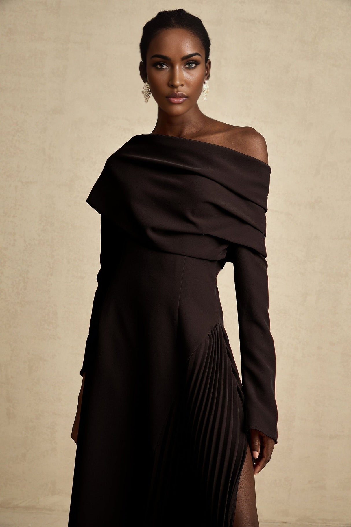 Fabiana Maxi Dress - Long Flared Sleeves - Asymmetric Neck - Pleated Detailing - Side Zip Fastening - Elegant Fit