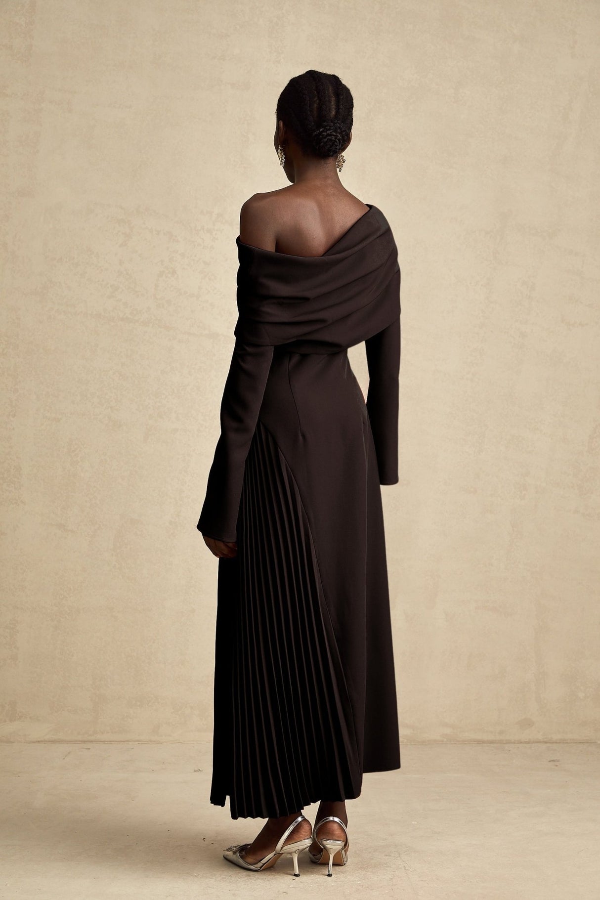 Fabiana Maxi Dress - Long Flared Sleeves - Asymmetric Neck - Pleated Detailing - Side Zip Fastening - Elegant Fit