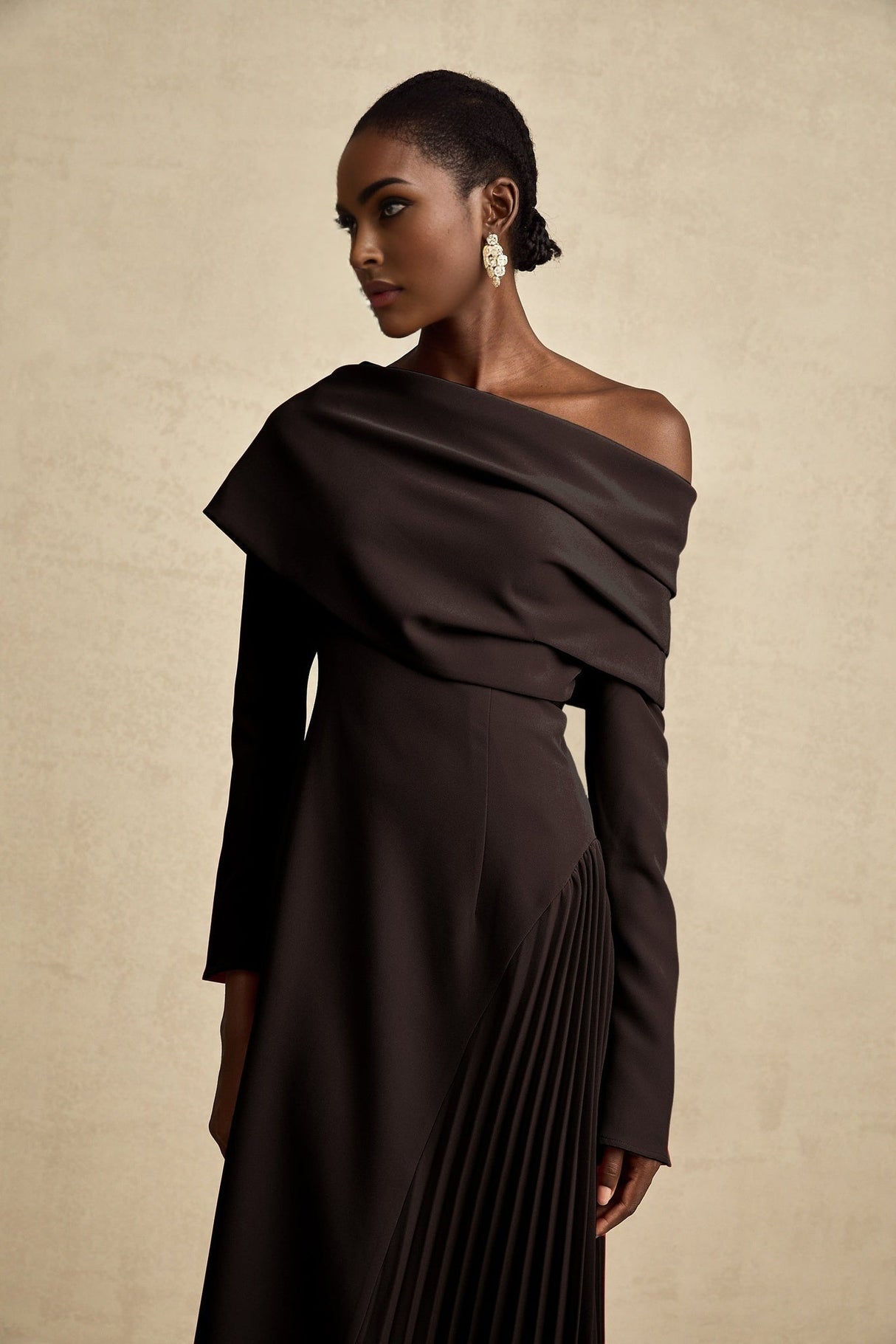 Fabiana Maxi Dress - Long Flared Sleeves - Asymmetric Neck - Pleated Detailing - Side Zip Fastening - Elegant Fit