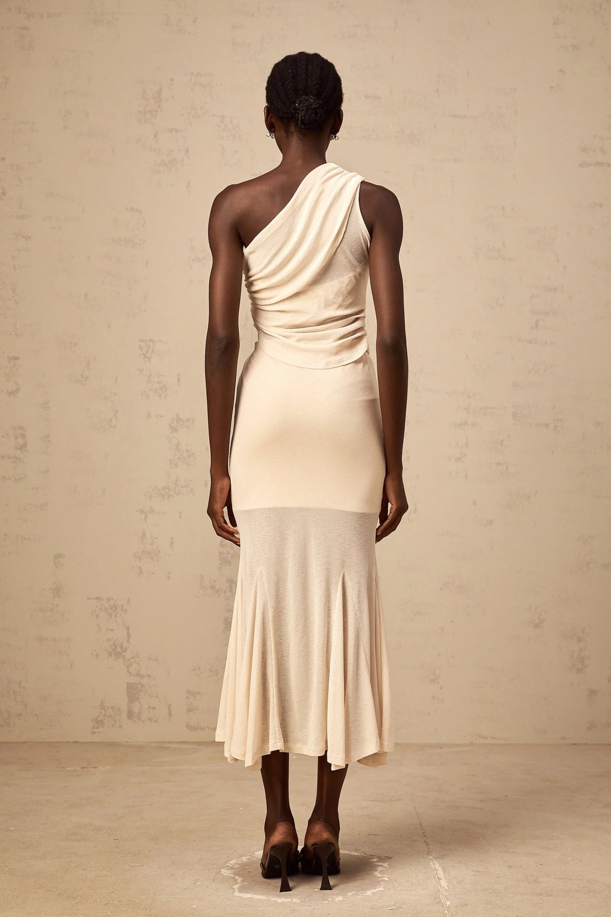 Fabiana Top & Skirt Set Neutrals Ruched Stretch Midi