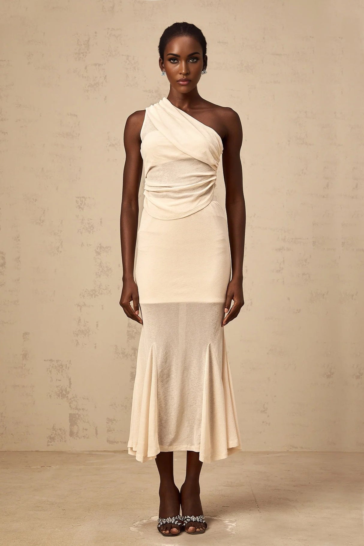 Fabiana Top & Skirt Set Neutrals Ruched Stretch Midi