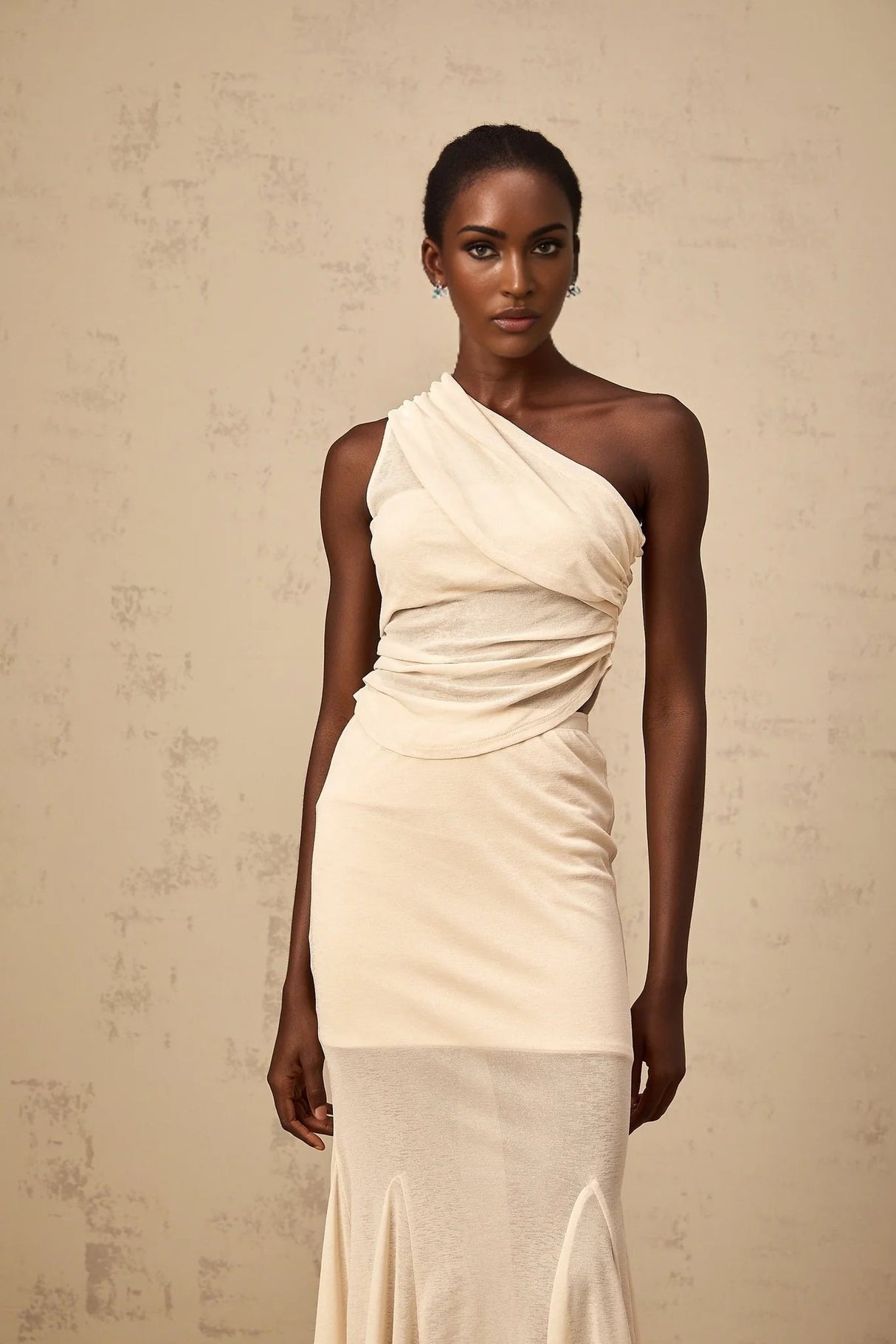 Fabiana Top & Skirt Set Neutrals Ruched Stretch Midi