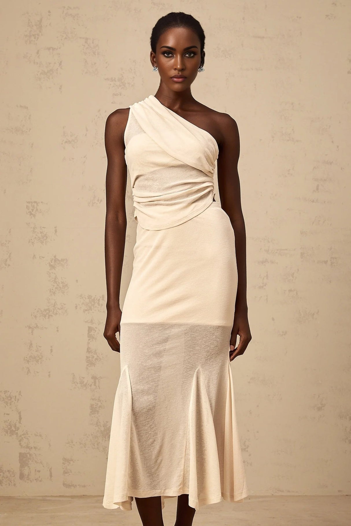 Fabiana Top & Skirt Set Neutrals Ruched Stretch Midi