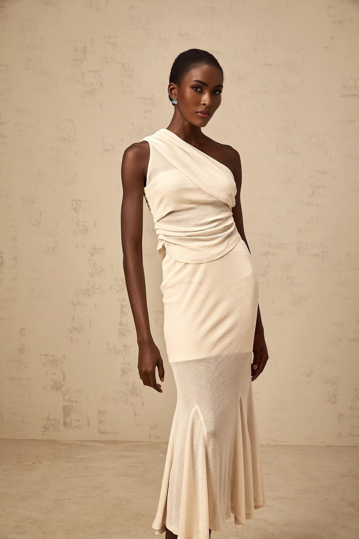 Fabiana Top & Skirt Set Neutrals Ruched Stretch Midi