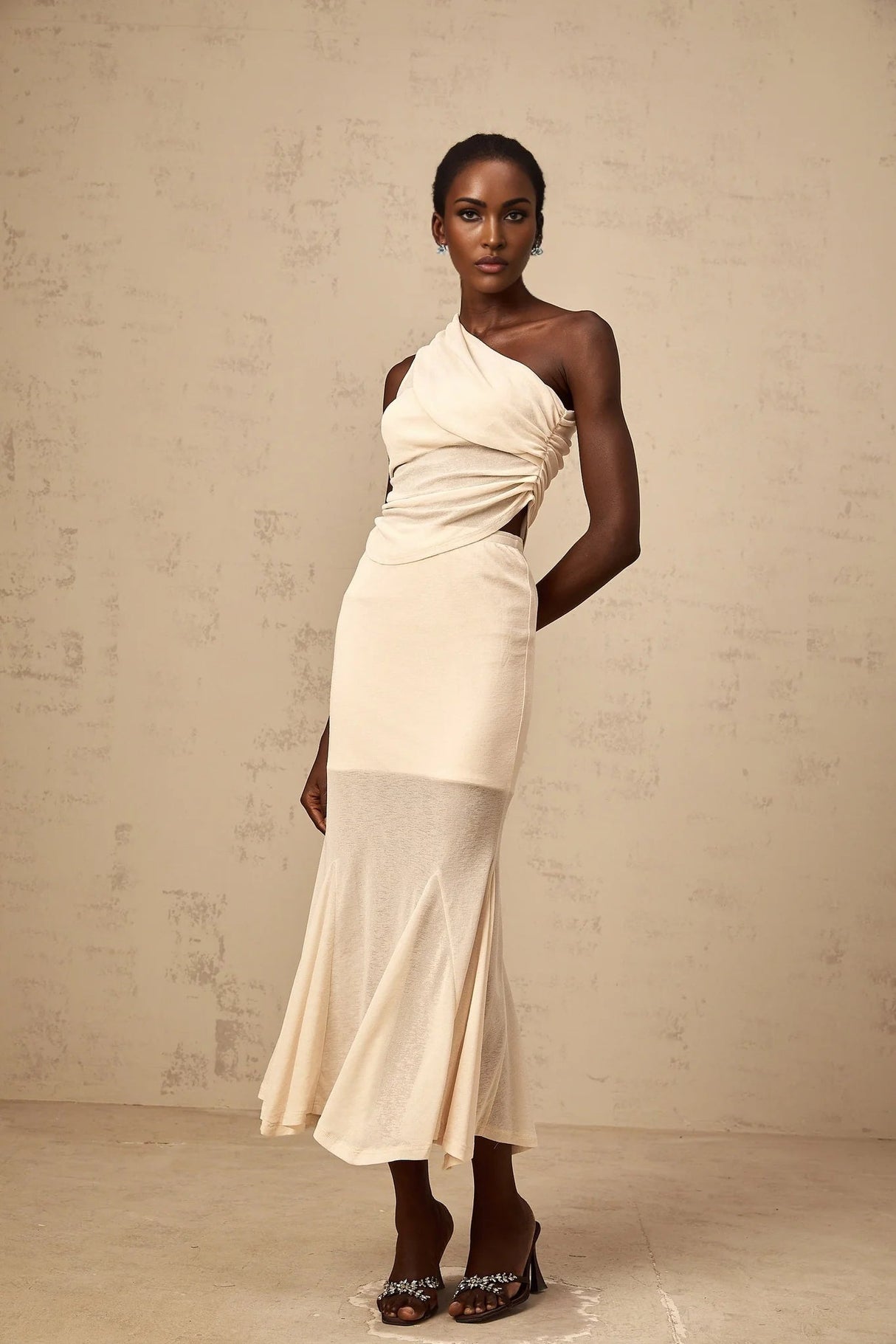 Fabiana Top & Skirt Set Neutrals Ruched Stretch Midi