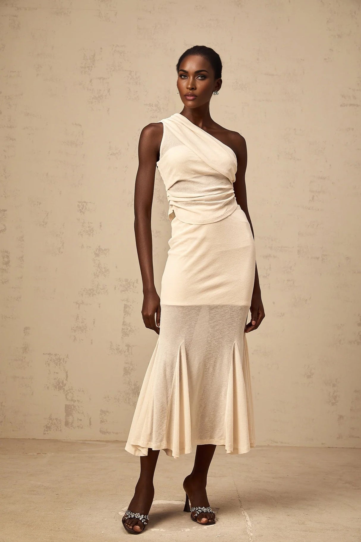 Fabiana Top & Skirt Set Neutrals Ruched Stretch Midi