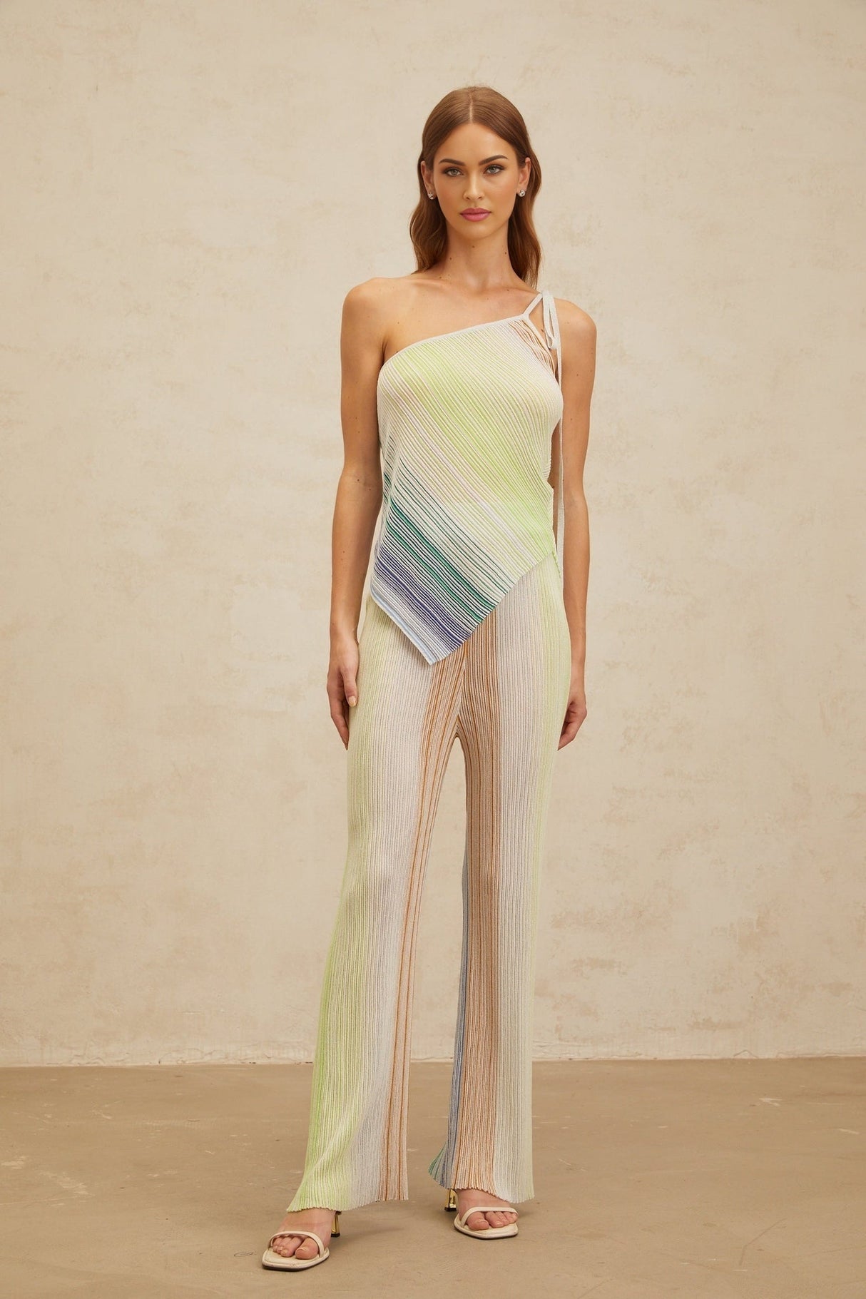 Fabiana Top & Trousers Set - Mono Shoulder Sleeveless Design - Metallic Threaded Sequin Embellishments - High Rise Wide Leg Silhouette - Asymmetrical Hem Self - Tie Fastening