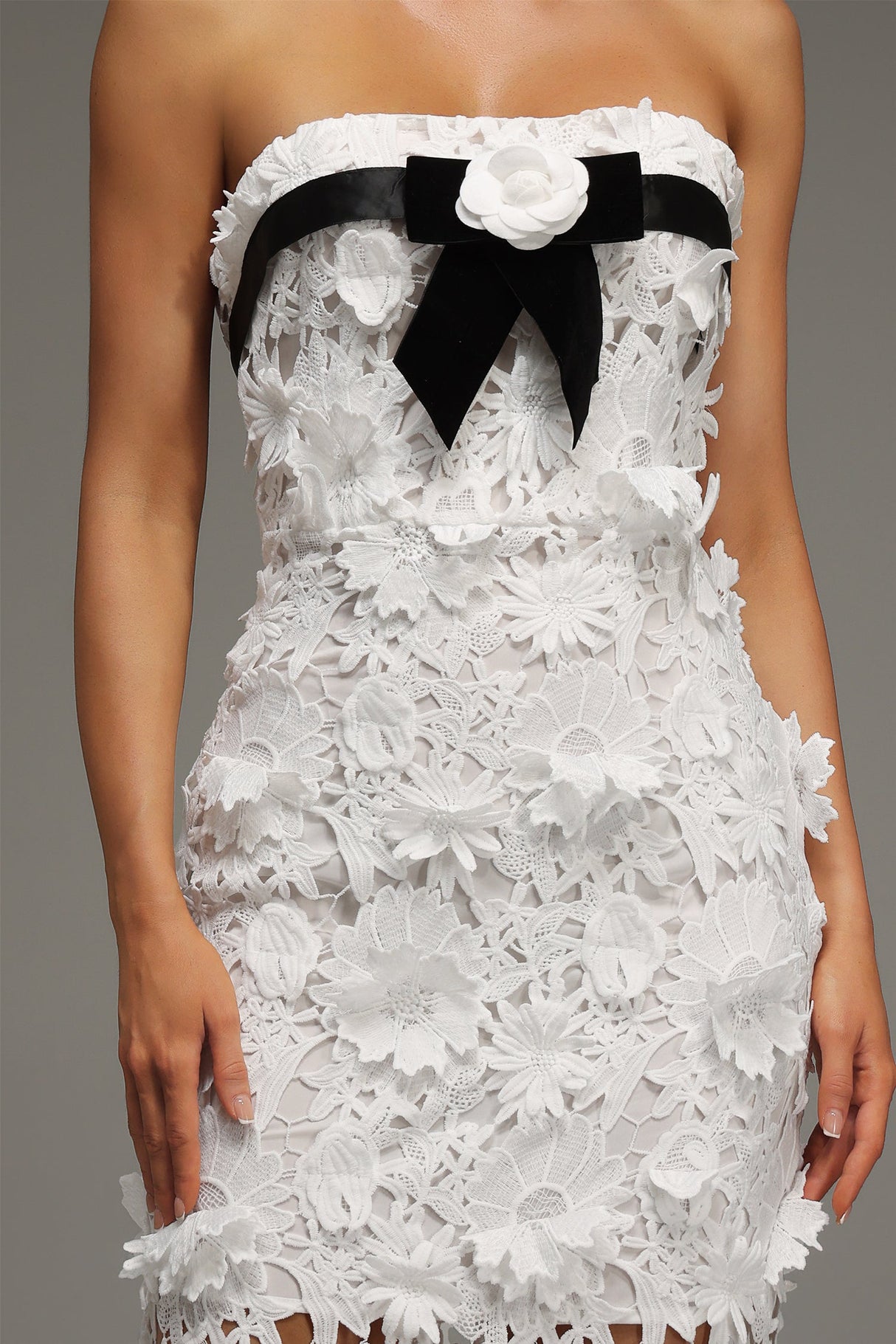 Fabiana White Lace Floral Strapless Midi Dress Black Ribbon Flower Detail