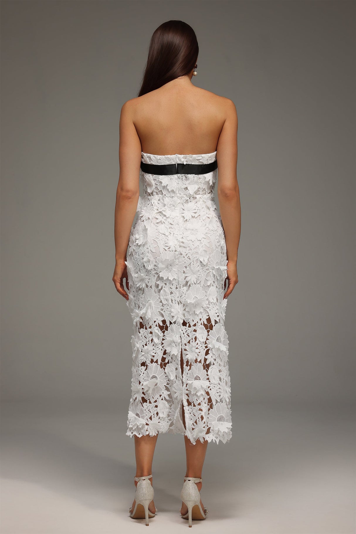 Fabiana White Lace Floral Strapless Midi Dress