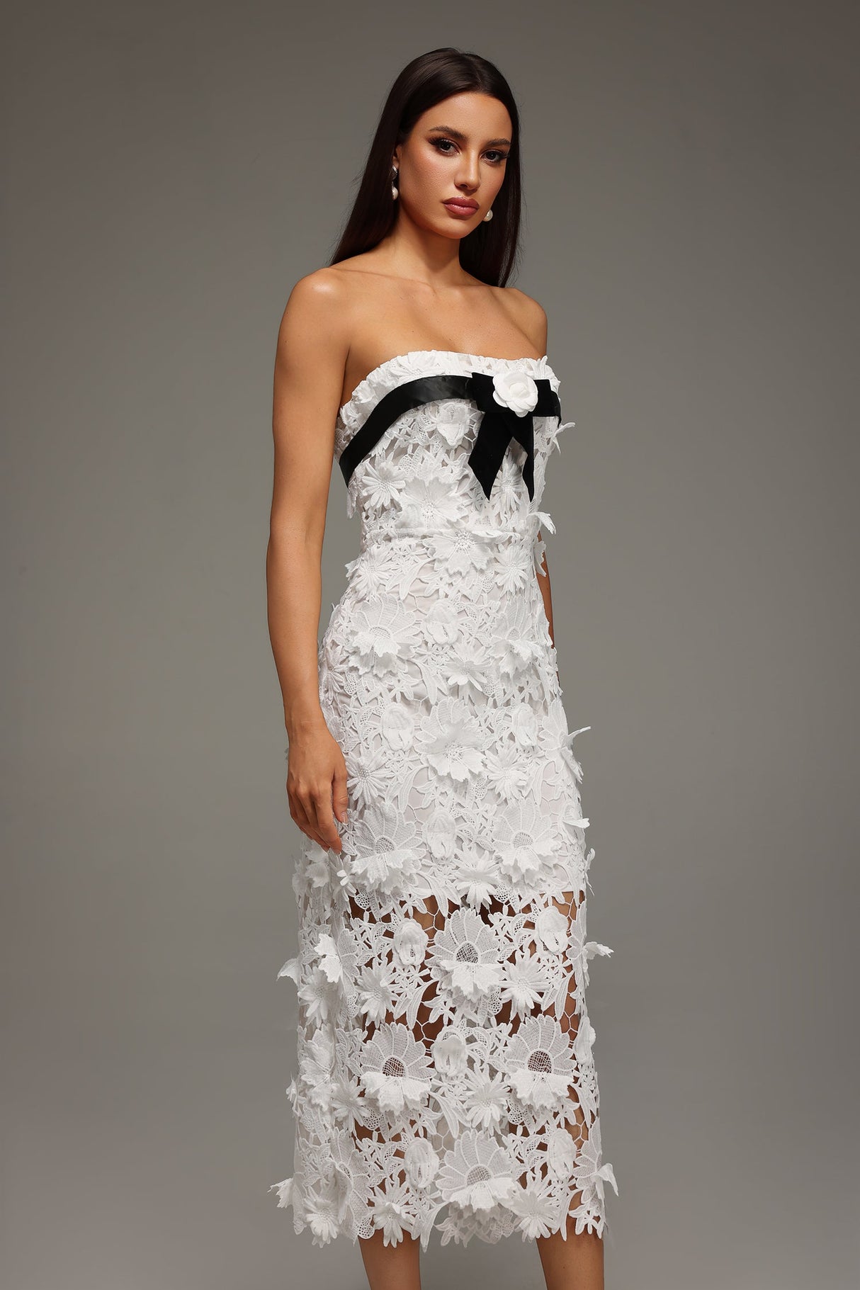 Fabiana White Lace Strapless Midi Dress with Black Ribbon and Floral Detail