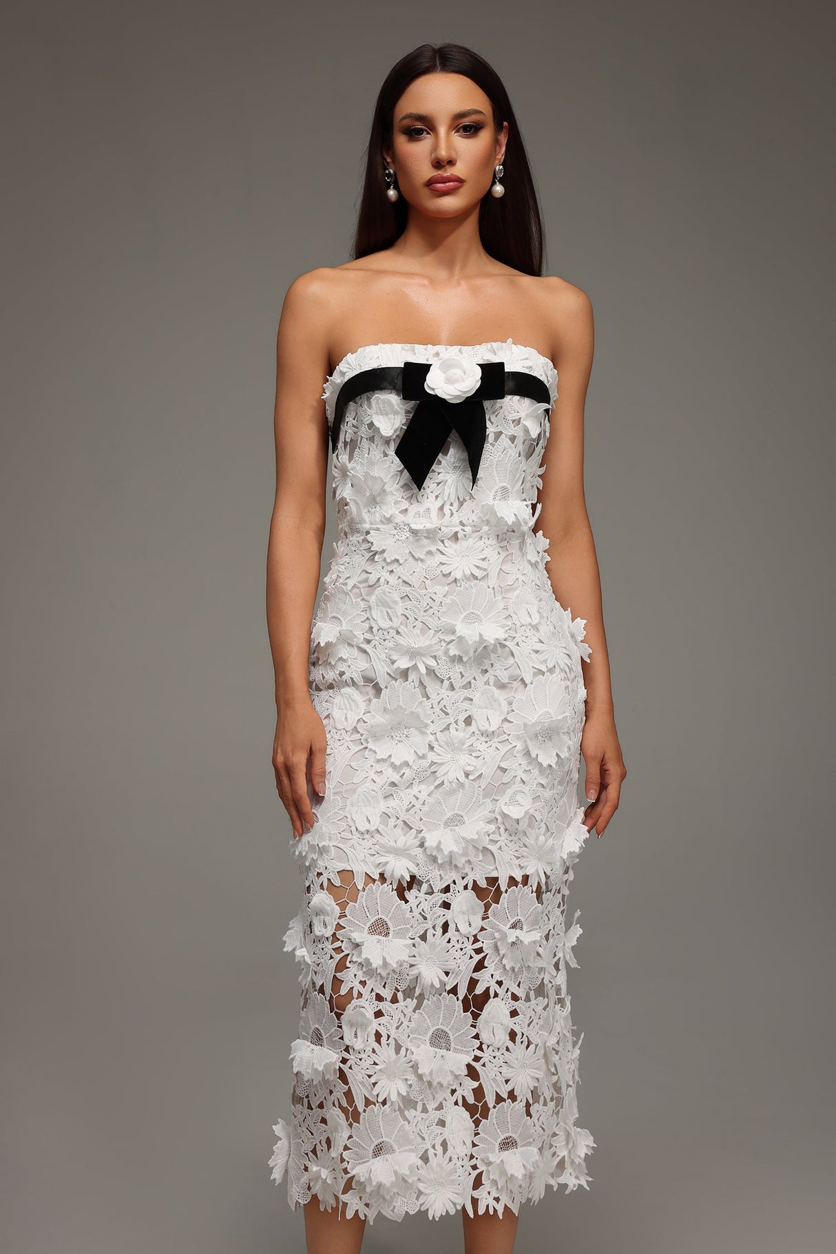 Fabiana White Lace Strapless Midi Dress with Black Ribbon and Flower Accent