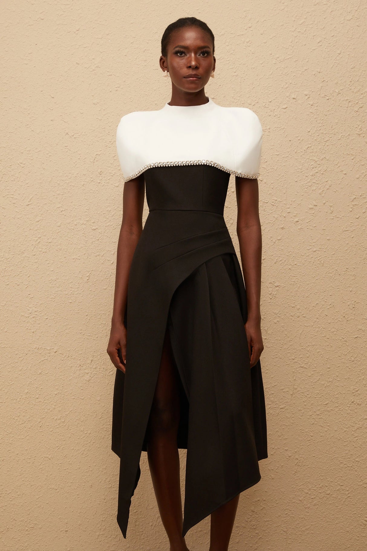 Fabienne Color Block Midi Dress with Embellished Shawl