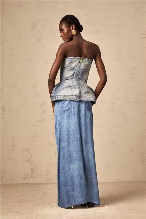 Fabiola Denim Top - Sleeveless Off - the - Shoulder Stonewashed Belt Loops Zip Fastening