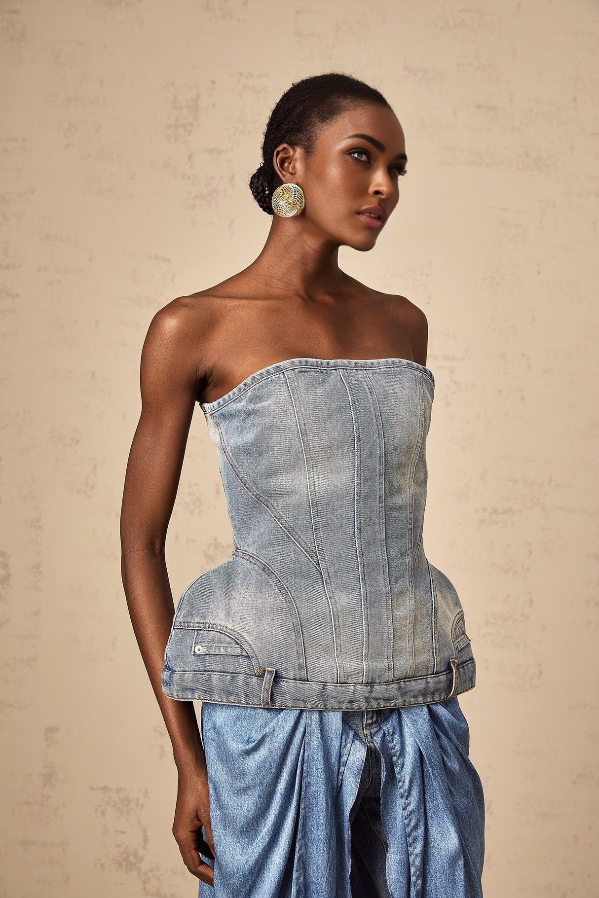Fabiola Denim Top - Sleeveless Off - the - Shoulder Stonewashed Belt Loops Zip Fastening