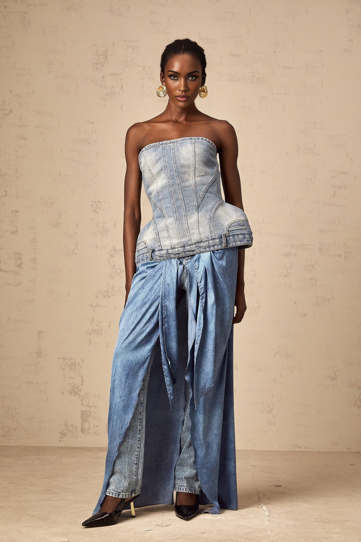 Fabiola Denim Top - Sleeveless Off - the - Shoulder Stonewashed Belt Loops Zip Fastening