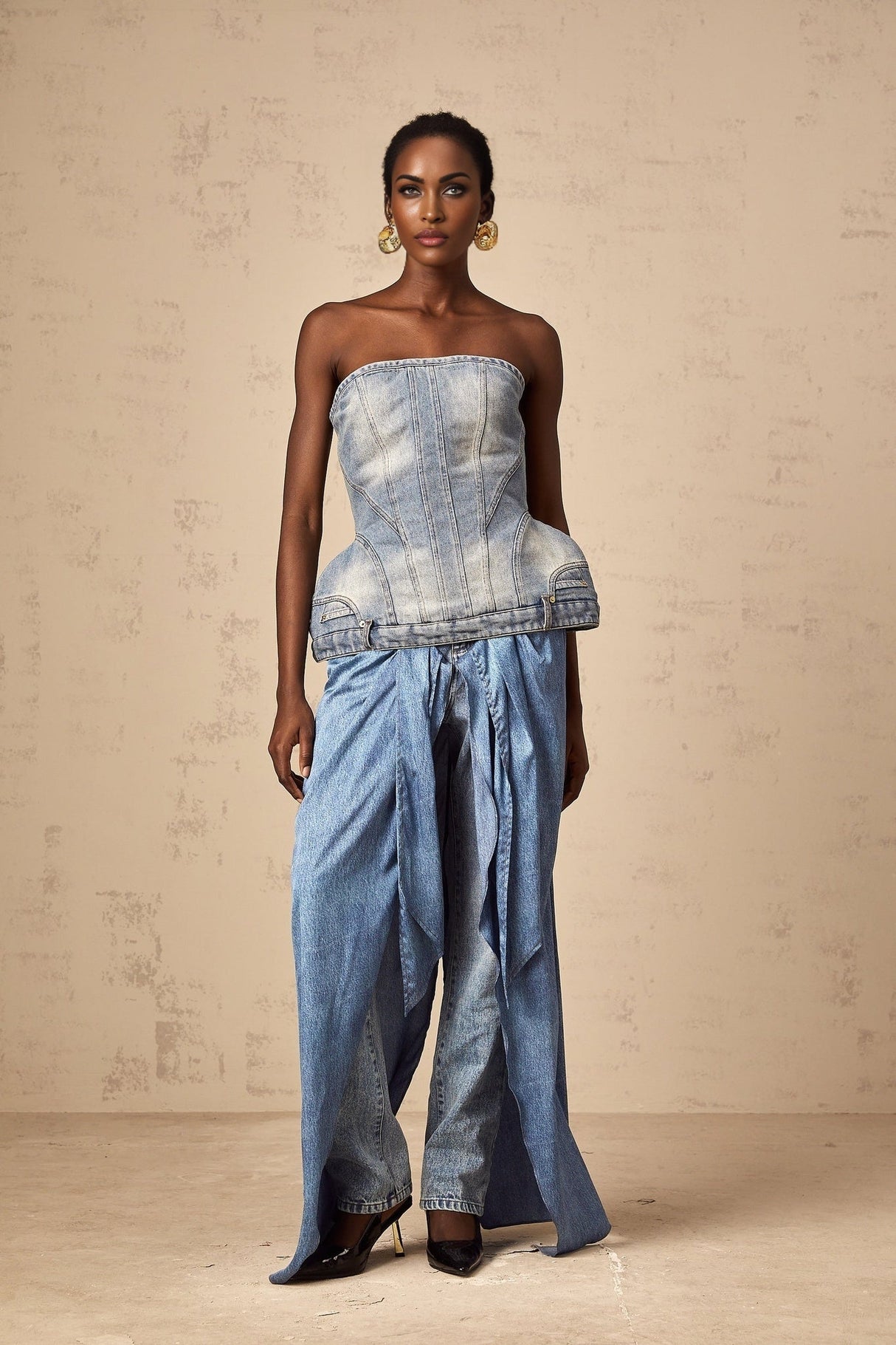 Fabiola Denim Top - Sleeveless Off - the - Shoulder Stonewashed Belt Loops Zip Fastening