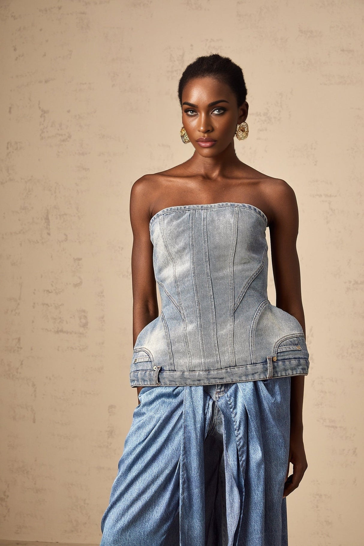 Fabiola Denim Top - Sleeveless Off - the - Shoulder Stonewashed Belt Loops Zip Fastening