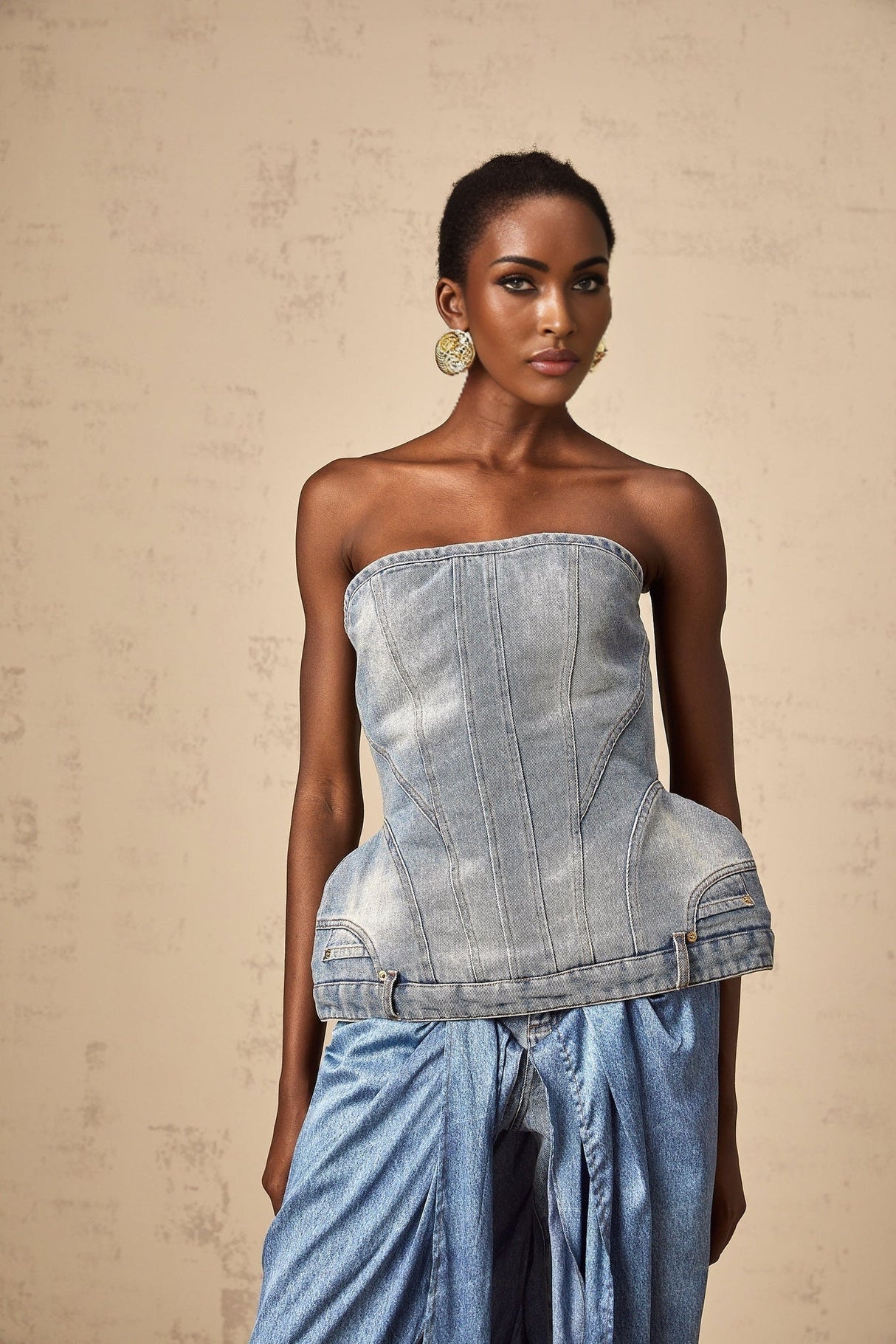 Fabiola Denim Top - Sleeveless Off - the - Shoulder Stonewashed Belt Loops Zip Fastening