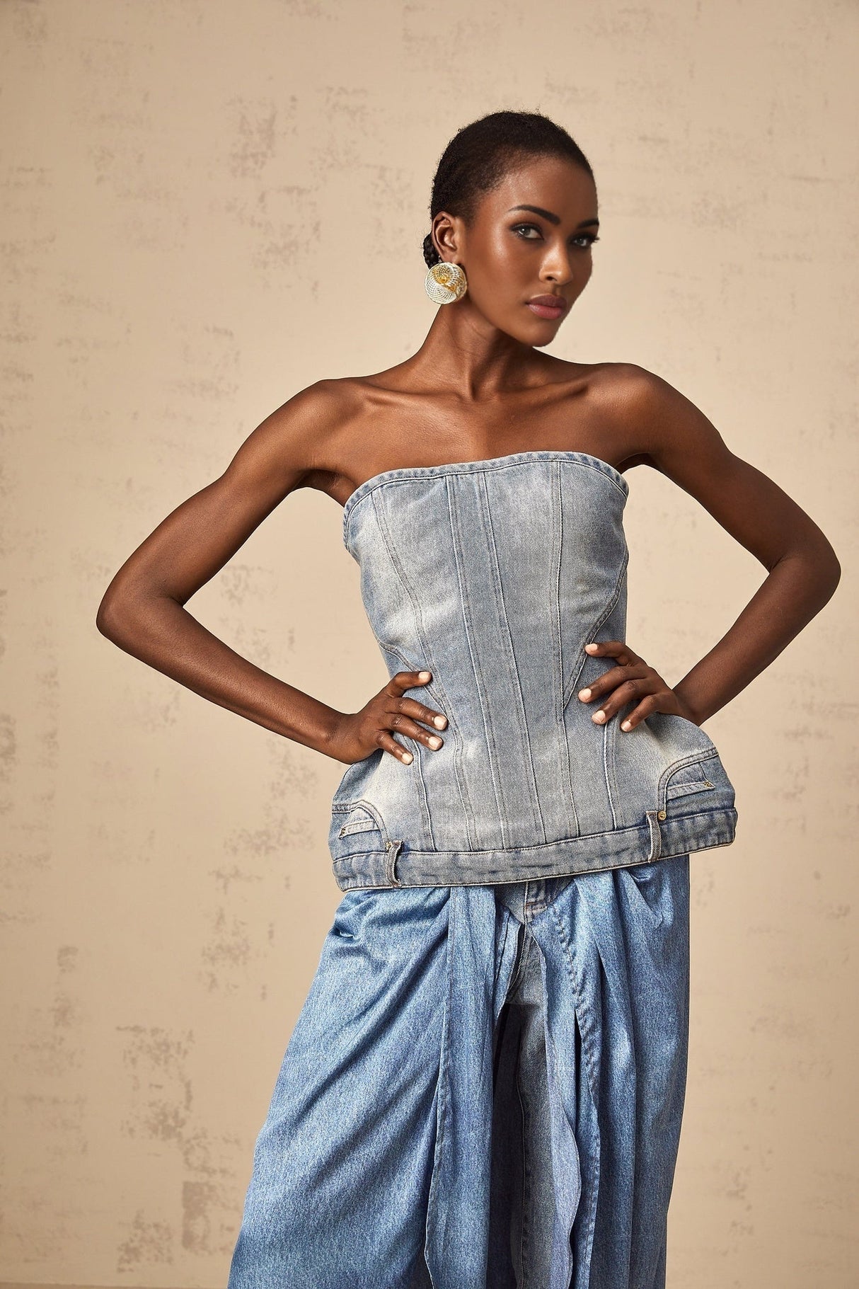 Fabiola Denim Top - Sleeveless Off - the - Shoulder Stonewashed Belt Loops Zip Fastening