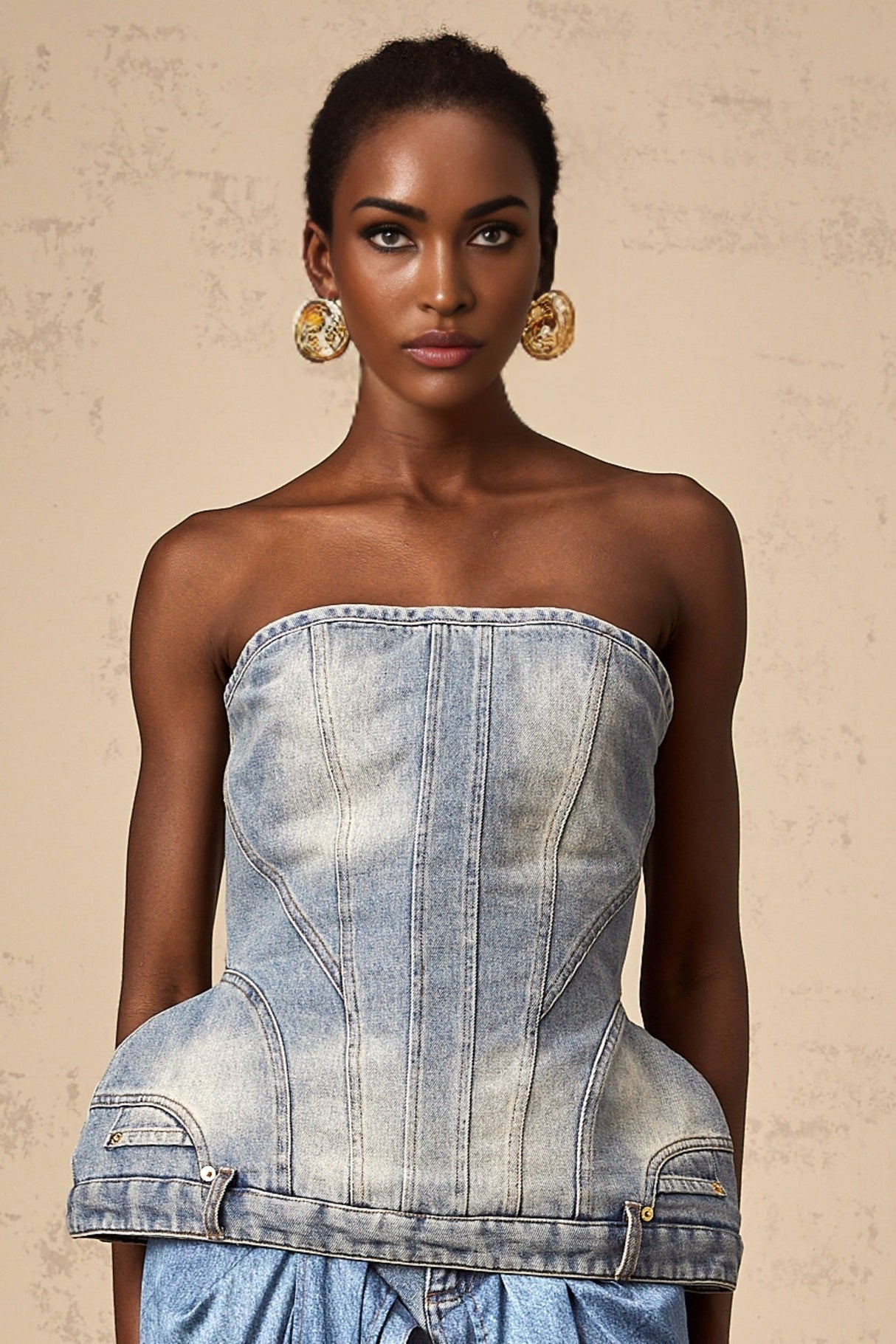 Fabiola Denim Top - Sleeveless Off - the - Shoulder Stonewashed Belt Loops Zip Fastening