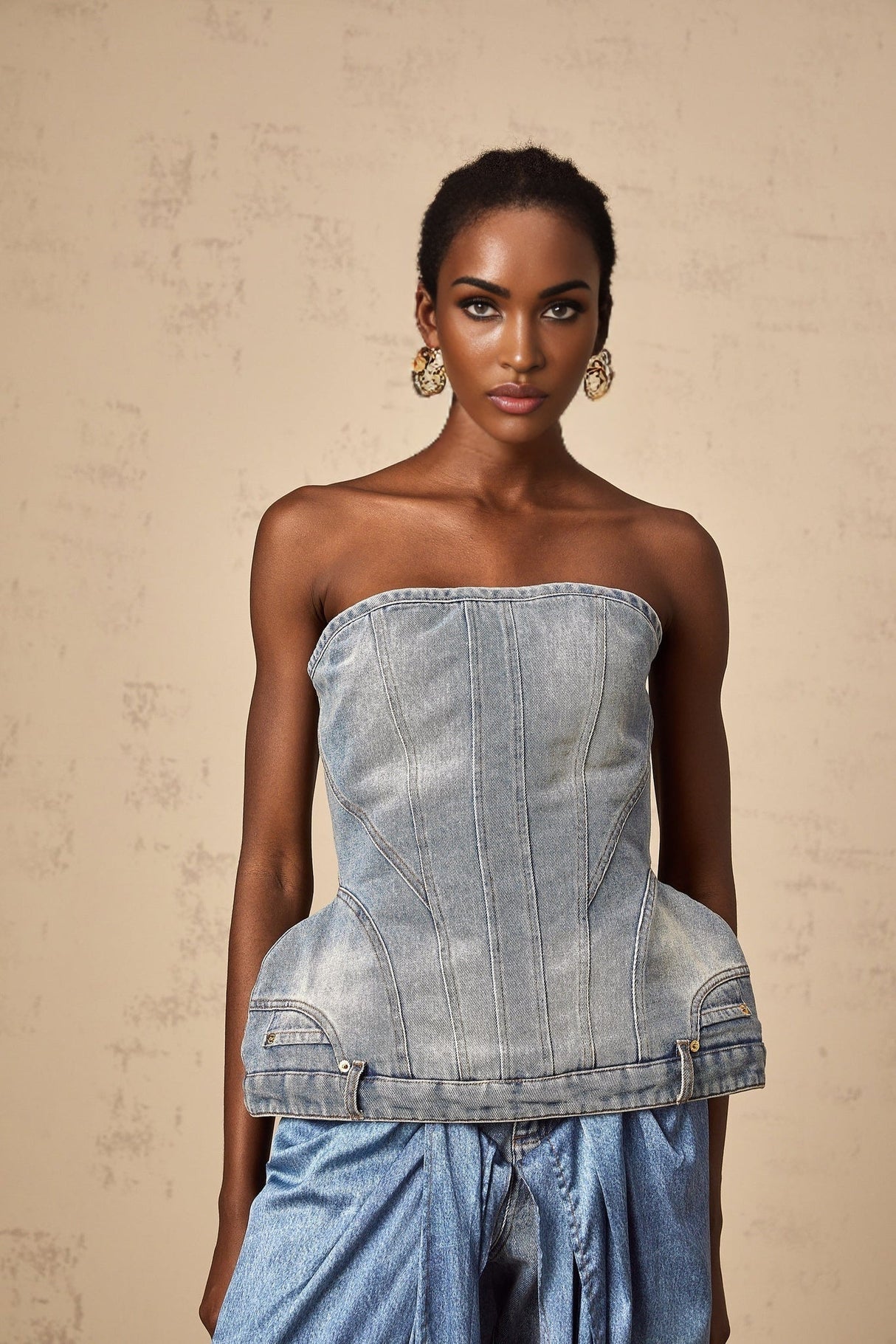 Fabiola Denim Top - Sleeveless Off - the - Shoulder Stonewashed Belt Loops Zip Fastening