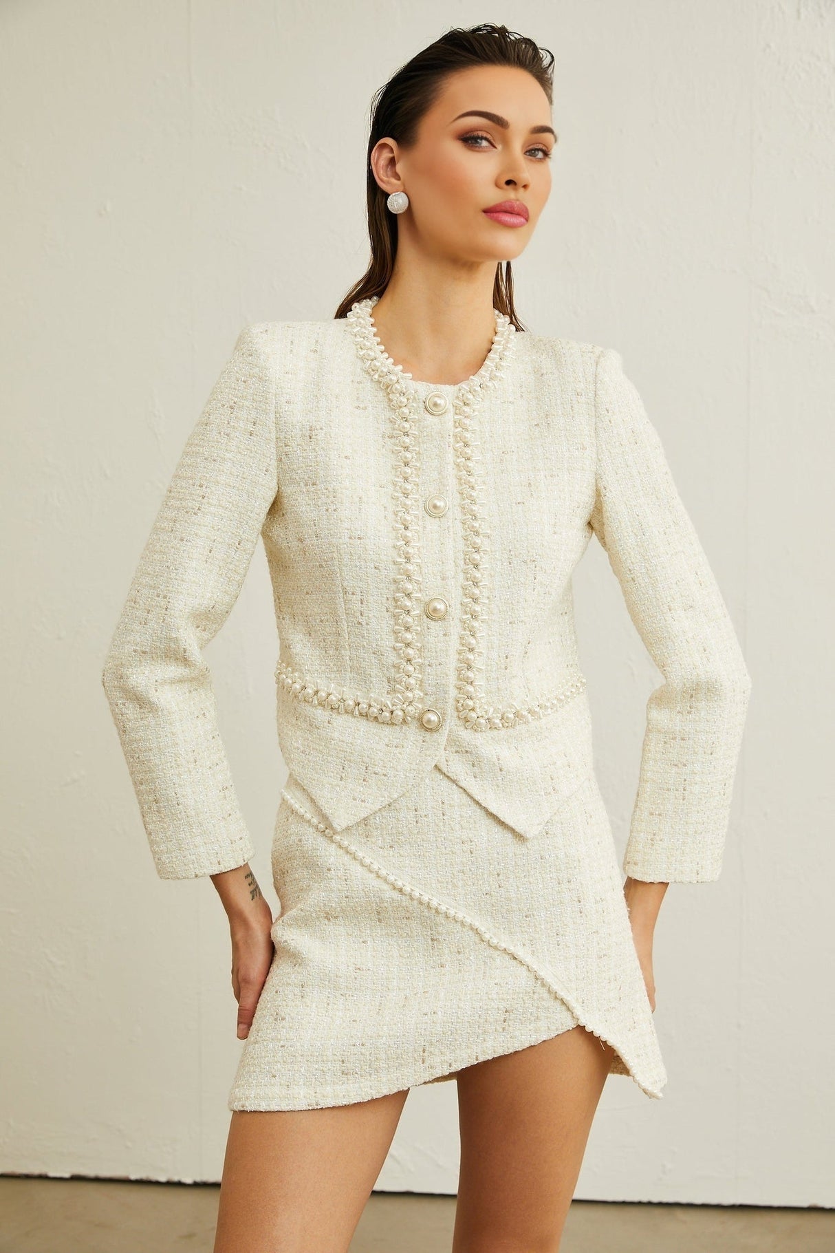 Fabiola Jacket & Skirt Set - Tweed Fabric - Faux - Pearl Detailing - Angled Hem - Front Button Fastening - Asymmetric Skirt Hem