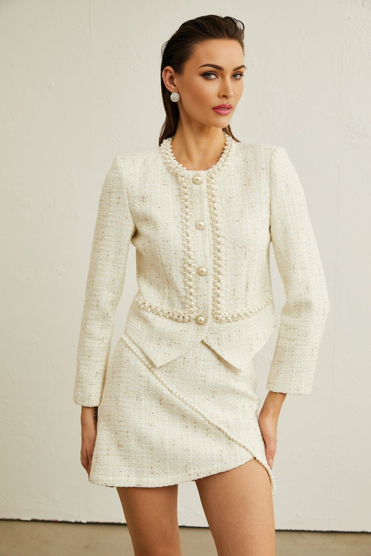 Fabiola Jacket & Skirt Set - Tweed Fabric - Faux - Pearl Detailing - Angled Hem - Front Button Fastening - Asymmetric Skirt Hem