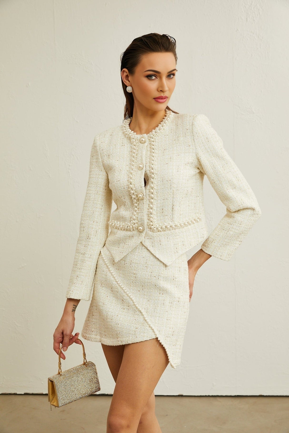 Fabiola Jacket & Skirt Set - Tweed Fabric - Faux - Pearl Detailing - Angled Hem - Front Button Fastening - Asymmetric Skirt Hem